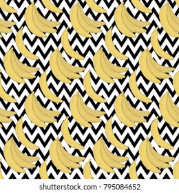 Seamless pattern with tropical palm leaves and bananas. Vector illustration. Hand draw.