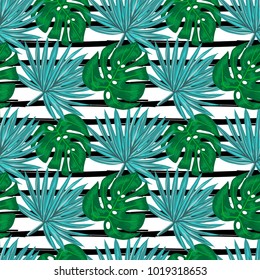 Seamless pattern with tropical palm and monstera leaves on white and black striped background. Can be used fot textile, paper, clothing print. Vector illustration in modern style