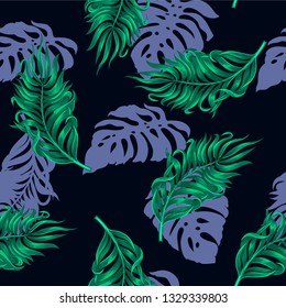Seamless pattern with tropical palm and monstera leaves for fabric design 