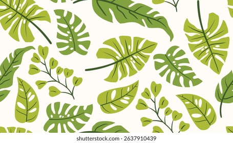 Seamless pattern with tropical palm and monstera leaves in flat cartoon style. A fresh and vibrant jungle vibe perfect for summer fabric, wallpaper, or digital backgrounds.