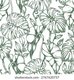 Seamless pattern with tropical palm and monstera leaves. vector illustration in sketch style