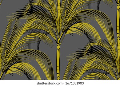 seamless pattern of tropical palm silhouettes on a gray background drawn in two shades black and gold