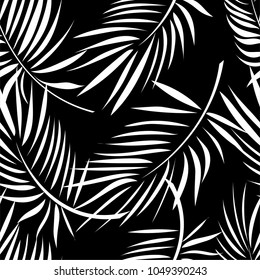 Seamless pattern of a tropical palm tree, jungle leaves. Black and white vector image.