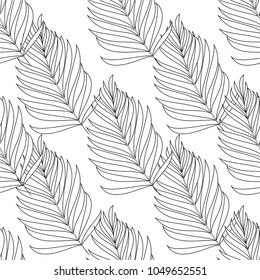 Seamless pattern of a tropical palm tree, jungle leaves. Monochrome vector image.