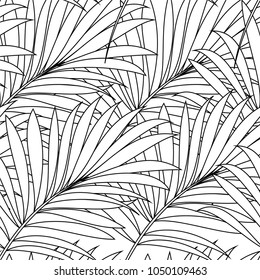 Seamless pattern of a tropical palm tree, jungle leaves. Monochrome vector image.