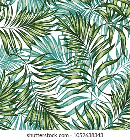 Seamless pattern of a tropical palm tree, jungle leaves. Vector floral pattern. Hand drawing.