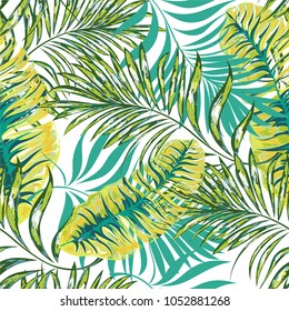 Seamless pattern of a tropical palm tree, jungle leaves. Vector floral pattern.  Hand drawing.