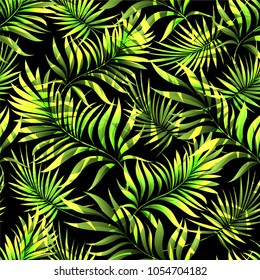 Seamless pattern of a tropical palm tree, jungle leaves. Vector floral pattern. Hand drawing.