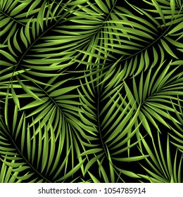 Seamless pattern of a tropical palm tree, jungle leaves. Vector floral pattern.  Hand drawing.