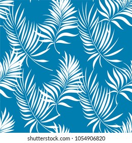 Seamless pattern of a tropical palm tree, jungle leaves. Vector floral pattern on blue background.  Hand drawing.