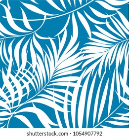Seamless pattern of a tropical palm tree, jungle leaves. Vector floral pattern on blue background.  Hand drawing.