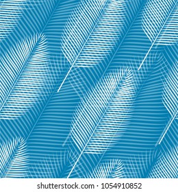 Seamless pattern of a tropical palm tree, jungle leaves. Vector floral pattern on blue background.  Hand drawing.