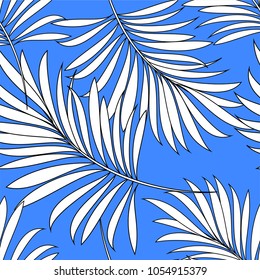 Seamless pattern of a tropical palm tree, jungle leaves. Vector floral pattern on blue background.  Hand drawing.