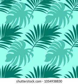 Seamless pattern of a tropical palm tree, jungle leaves. Vector floral pattern on blue background.  Hand drawing.