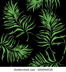 Seamless pattern of a tropical palm tree, jungle leaves. Vector floral pattern on black background.  Hand drawing.