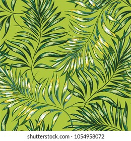 Seamless pattern of a tropical palm tree, jungle leaves. Vector floral pattern on green  background.  Hand drawing.