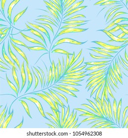 Seamless pattern of a tropical palm tree, jungle leaves. Vector floral pattern on black background.  Hand drawing.