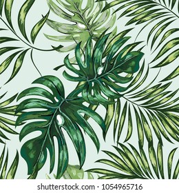 Seamless pattern of a tropical palm tree, jungle leaves.   Hand drawing.