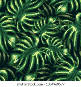 Seamless pattern of a tropical palm tree, jungle leaves.   Hand drawing.