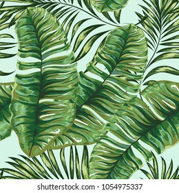 Seamless pattern of a tropical palm tree, jungle leaves.   Hand drawing.