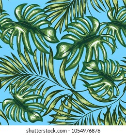 Seamless pattern of a tropical palm tree, jungle leaves.   Hand drawing.