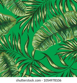Seamless pattern of a tropical palm tree, jungle leaves.   Hand drawing.
