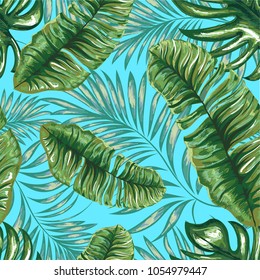 Seamless pattern of a tropical palm tree, jungle leaves.   Hand drawing.