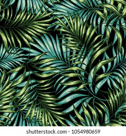 Seamless pattern of a tropical palm tree, jungle leaves.   Hand drawing.