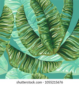Seamless pattern of a tropical palm tree, jungle leaves.   Hand drawing.