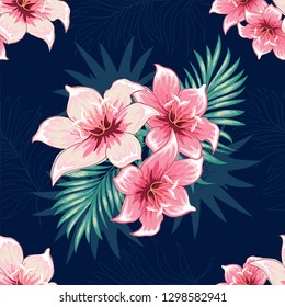 Seamless pattern of a tropical palm tree, jungle leaves and flowers. Vector floral pattern.