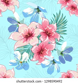 Seamless pattern of a tropical palm tree, jungle leaves and flowers. Vector floral pattern.