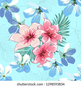 Seamless pattern of a tropical palm tree, jungle leaves and flowers. Vector floral pattern.
