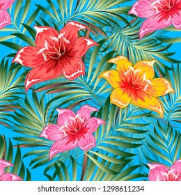 Seamless pattern of a tropical palm tree, jungle leaves and flowers. Vector floral pattern.