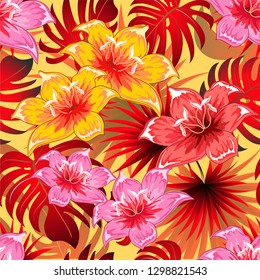 Seamless pattern of a tropical palm tree, jungle leaves and flowers. Vector floral pattern.