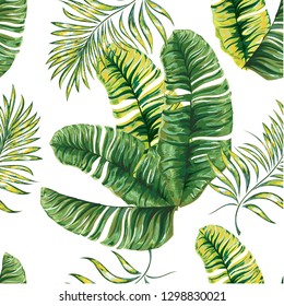 Seamless pattern of a tropical palm tree, jungle leaves and flowers. Hand drawing. Vector floral pattern.