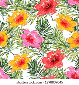 Seamless pattern of a tropical palm tree, jungle leaves and flowers. Hand drawing. Vector floral pattern.