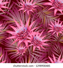 Seamless pattern of a tropical palm tree, jungle leaves and flowers. Hand drawing. Vector floral pattern.