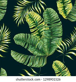 Seamless pattern of a tropical palm tree, jungle leaves and flowers. Hand drawing. Vector floral pattern.