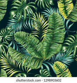 Seamless pattern of a tropical palm tree, jungle leaves and flowers. Hand drawing. Vector floral pattern.