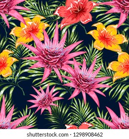 Seamless pattern of a tropical palm tree, jungle leaves and flowers. Hand drawing. Vector floral pattern.