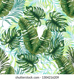 Seamless pattern of a tropical palm tree, jungle leaves. Vector floral pattern.