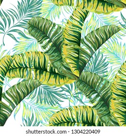 Seamless pattern of a tropical palm tree, jungle leaves. Vector floral pattern.