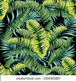 Seamless pattern of a tropical palm tree, jungle leaves. Vector floral pattern.