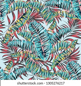 Seamless pattern of a tropical palm tree, jungle leaves. Vector floral pattern.