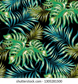 Seamless pattern of a tropical palm tree, jungle leaves. Vector floral pattern.