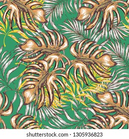 Seamless pattern of a tropical palm tree, jungle leaves. Vector floral pattern.