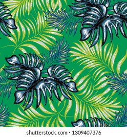 Seamless pattern of a tropical palm tree, jungle leaves. Vector floral pattern.