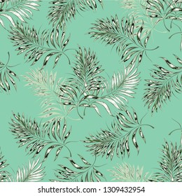 Seamless pattern of a tropical palm tree, jungle leaves. Vector floral pattern.