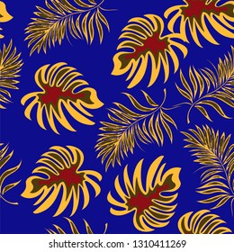 Seamless pattern of a tropical palm tree, jungle leaves. Vector floral pattern.
