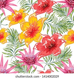 Seamless pattern of a tropical palm tree, jungle leaves and flowers. Hand drawing. Vector floral pattern.